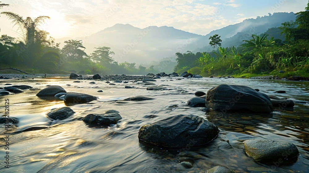 Serene River Scene: Tranquil Flow from Upstream to Downstream with Majestic Black Rocks, Sun Ascending Near the Mountains, and Sparse Trees Serene River Scene: Tranquil Flow from Upstream to Downstream with Majestic Black Rocks, Sun Ascending Near the Mountains, and Sparse Trees