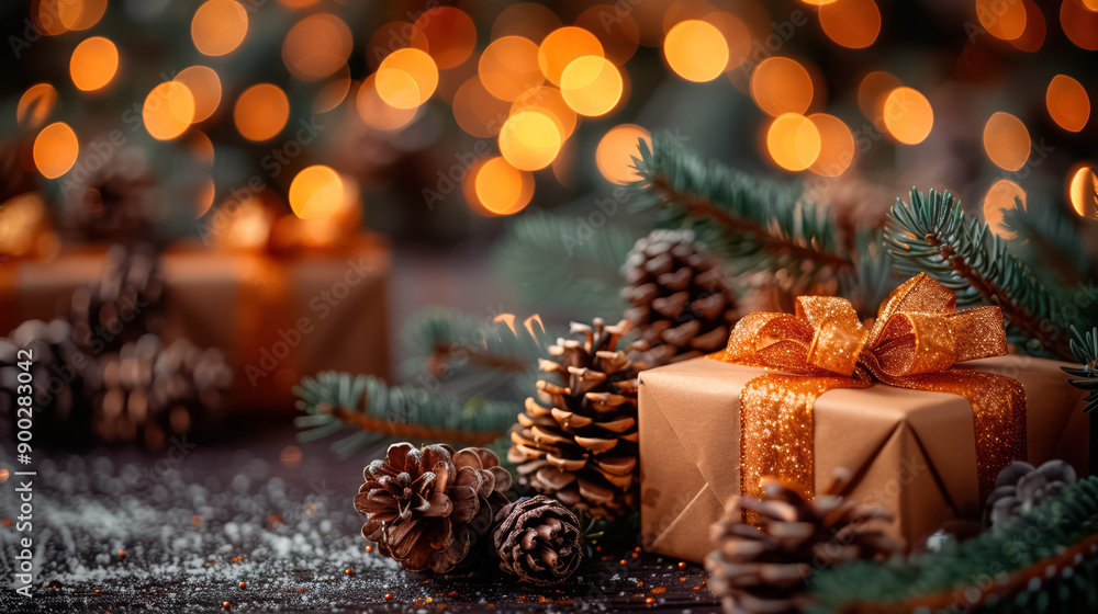 Christmas and new year background, gift boxes and pine cones Christmas and new year background, gift boxes and pine cones