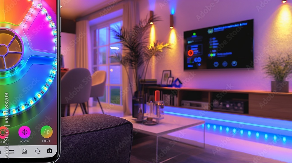 A living room with smart LED strip lighting that changes colors via a smartphone app, showing the app's interface with a color wheel for selection. A living room with smart LED strip lighting that changes colors via a smartphone app, showing the app's interface with a color wheel for selection.