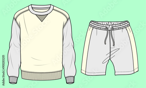 Boys and mens drop shoulder crew neck color block sweatshirt and shorts flat sketch outline vector fashion illustration template.
