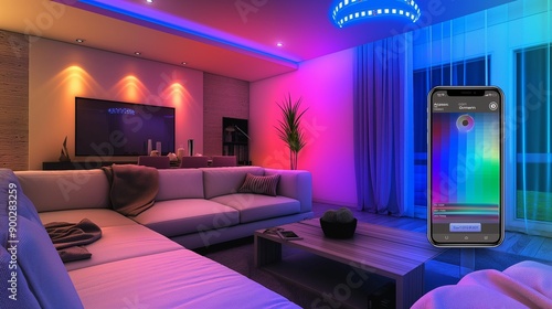 A living room with smart LED strip lighting that changes colors via a smartphone app, showing the app's interface with a color wheel for selection.