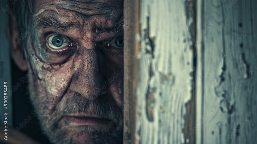 a thief hidden behind a door, masked and peering cautiously, evoking a sense of mystery and danger. The scene suggests stealth, criminal activity, and heightened alertness a thief hidden behind a door, masked and peering cautiously, evoking a sense of mystery and danger. The scene suggests stealth, criminal activity, and heightened alertness