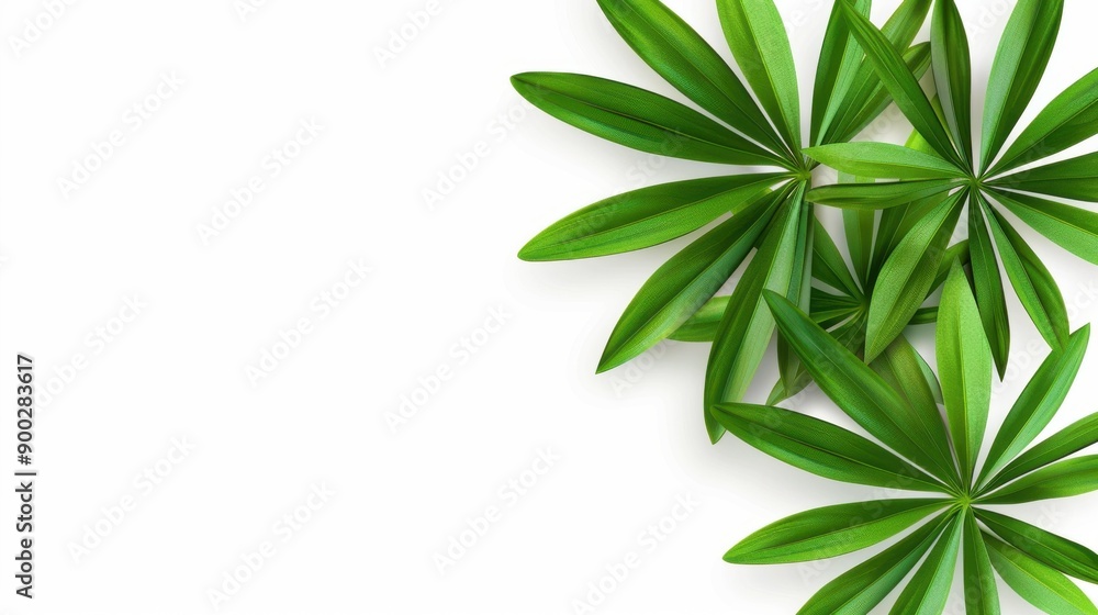 Vibrant palm tree leaves frame a bright, tropical scene, bringing a fresh and lively touch to any white background. Vibrant palm tree leaves frame a bright, tropical scene, bringing a fresh and lively touch to any white background.