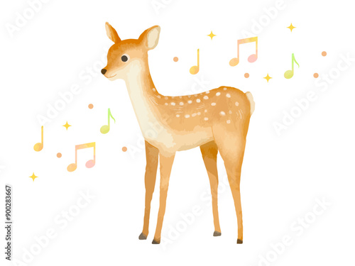 水彩風のかわいい小鹿と楽しい音符のイラスト素材