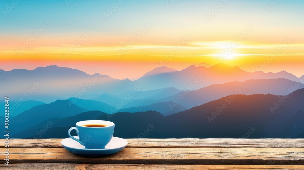 Enjoy a steaming cup of coffee against a picturesque sunset backdrop in the mountains. Enjoy a steaming cup of coffee against a picturesque sunset backdrop in the mountains.