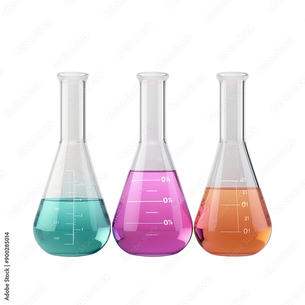 Three Erlenmeyer Flasks with Colored Liquids. Three Erlenmeyer Flasks with Colored Liquids.