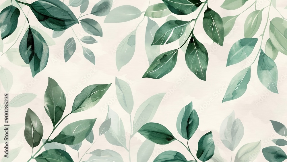 Watercolor illustration of green leaves highlighted against a warm beige backdrop Watercolor illustration of green leaves highlighted against a warm beige backdrop