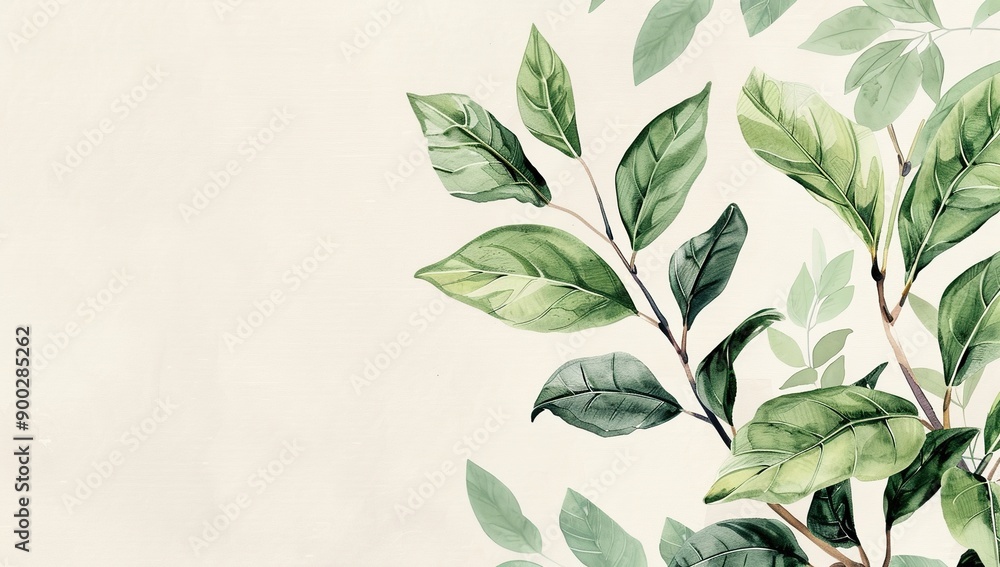 Green leaves in a flat design style illustrated with watercolor and gentle details Green leaves in a flat design style illustrated with watercolor and gentle details
