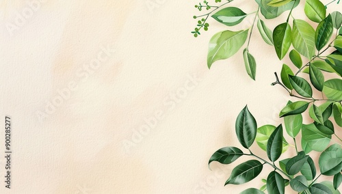 Watercolor illustration of green leaves highlighted against a warm beige backdrop