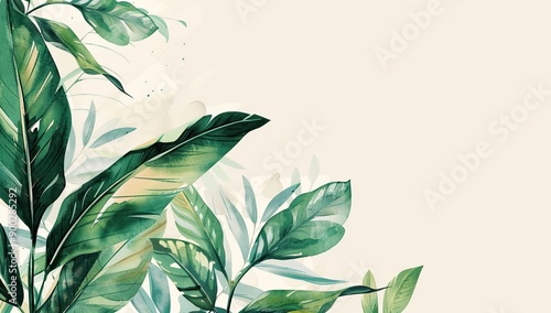 Watercolor illustration of green leaves highlighted against a warm beige backdrop