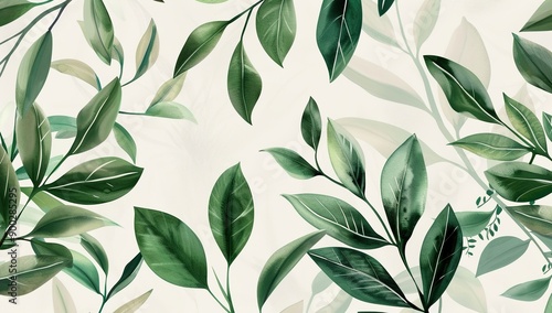 Green leaves in a flat design style illustrated with watercolor and gentle details