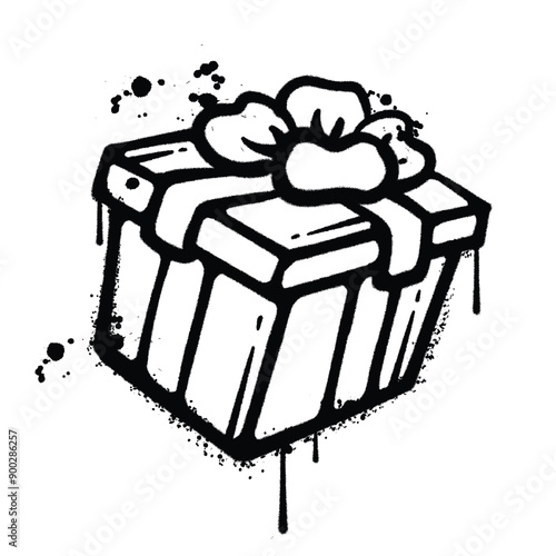 Black and White Graffiti Spray Paint Illustration of a Gift Box with a Bow