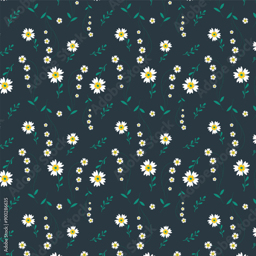 Floral seamless pattern with abstract green plants and white flowers isolated on dark green background.