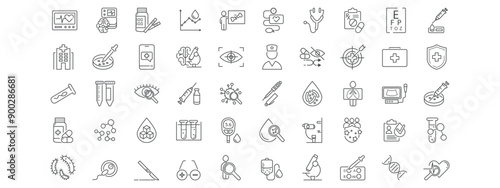 Clinical study, trials,research line icon set. Hospital, medicine, health care, health care, disease, treatment, research, science, biology, chemistry patients vector illustration.
