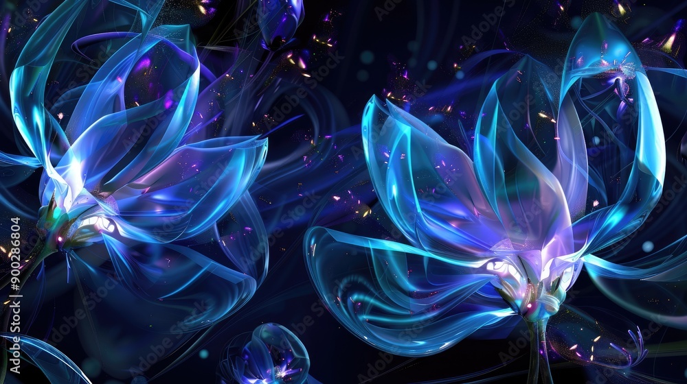 Obraz premium Abstract neon blue flowers glow against a dark background, resembling a dreamlike, ethereal landscape