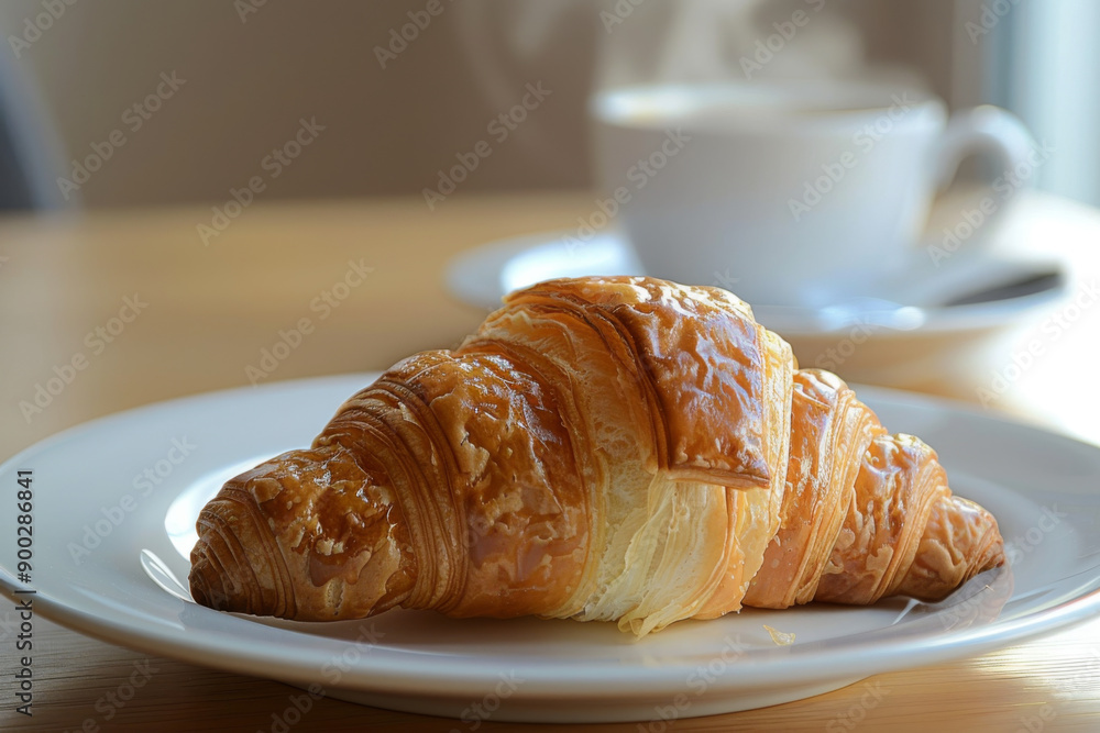A golden croissant on a white plate ready to be enjoyed A golden croissant on a white plate ready to be enjoyed