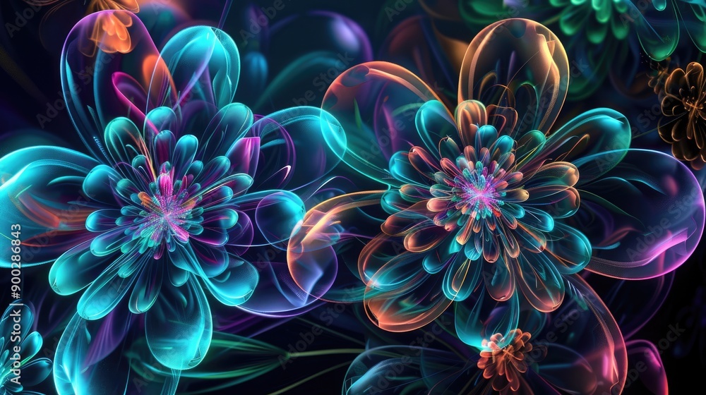 A mesmerizing digital artwork features glowing, iridescent flowers with neon blue, pink, and orange hues, radiating an ethereal and captivating presence A mesmerizing digital artwork features glowing, iridescent flowers with neon blue, pink, and orange hues, radiating an ethereal and captivating presence