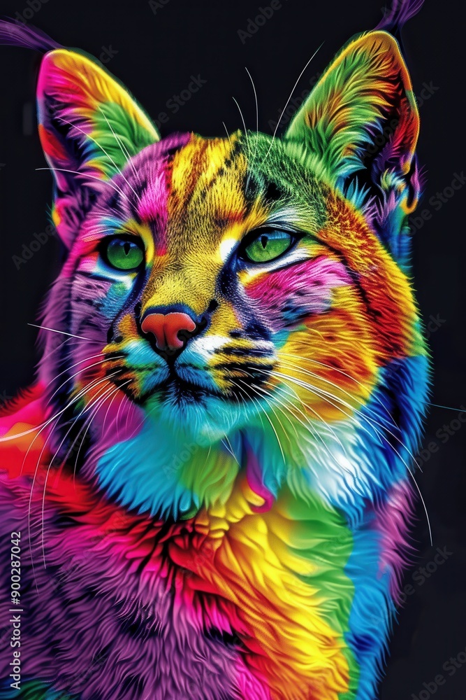Fototapeta Vibrant Multicolored Cat Portrait with Neon Rainbow Fur on Black Background