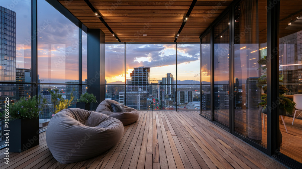 Enjoy the city views from a modern balcony with a wood ceiling and floor. It has two cozy armchairs with cushions. Enjoy the city views from a modern balcony with a wood ceiling and floor. It has two cozy armchairs with cushions.