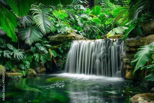 A serene waterfall cascading through lush green foliage in a tropical setting