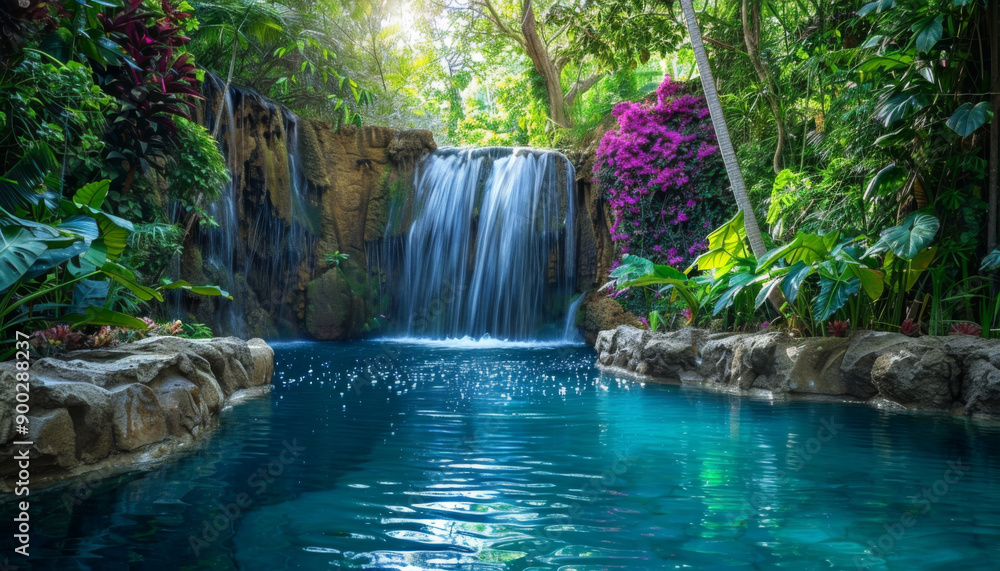 A serene tropical waterfall cascading into a crystal clear pool surrounded by lush foliage A serene tropical waterfall cascading into a crystal clear pool surrounded by lush foliage