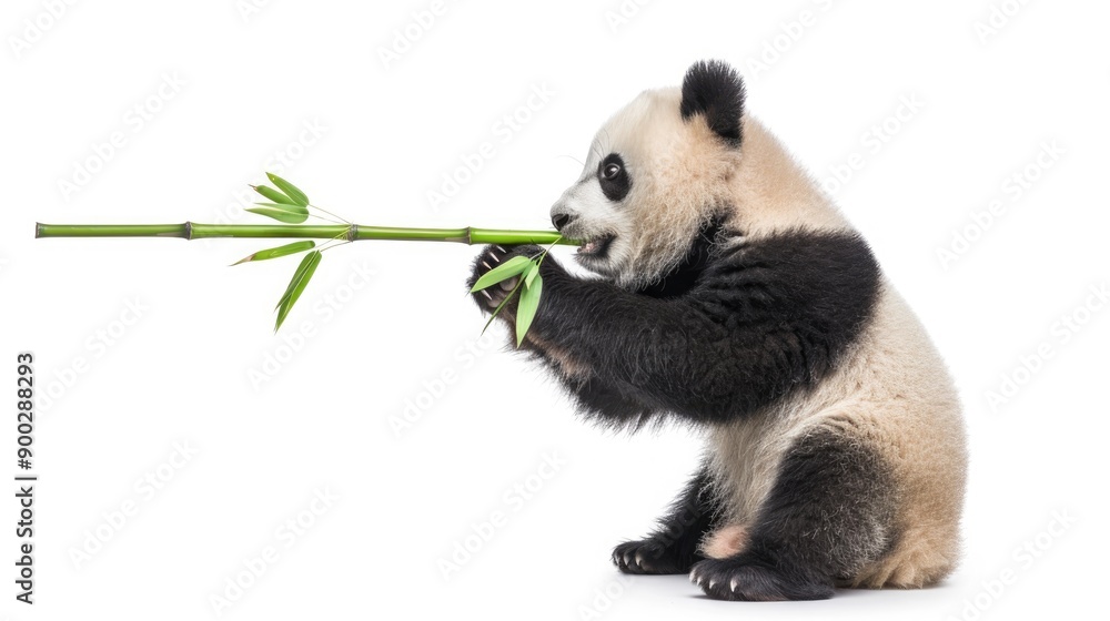 Fototapeta premium a panda eating bamboo tree isolated on white background
