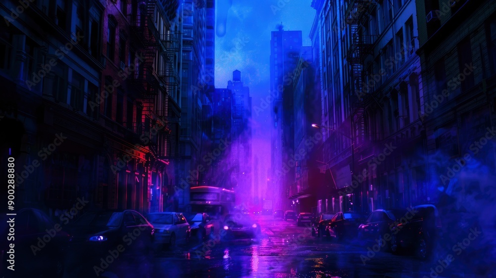 Obraz premium Dark street, night smog and smoke neon light. Dark background of the night city, ray of light in the dark. Gloomy dark background - generative ai