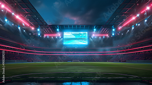 The tournament logo is displayed on the stadium scoreboard