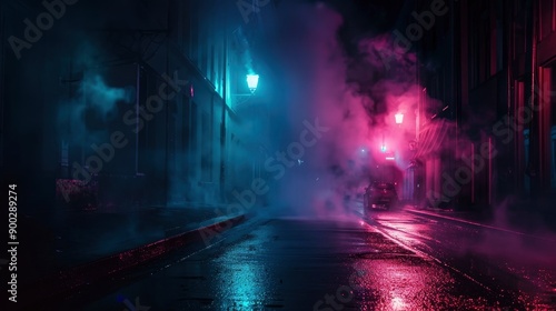 Dark street, night smog and smoke neon light. Dark background of the night city, ray of light in the dark. Gloomy dark background - generative ai