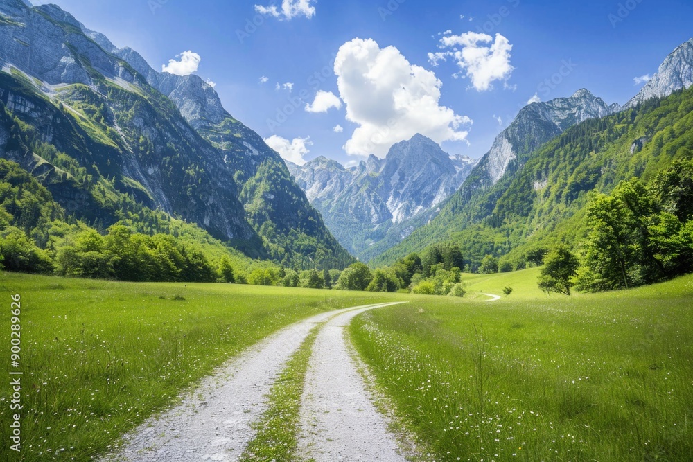A winding dirt road runs through a picturesque green valley, surrounded by rolling hills and trees