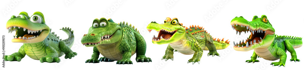 Fototapeta premium Cute Cartoon Alligators in Various Poses with Big Eyes and Friendly Expressions , on transparent background