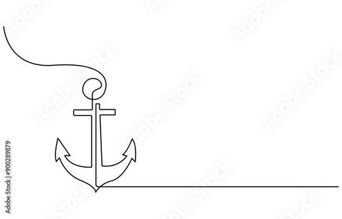 Continuous line drawing of sea anchor, Large sea anchor of the ship. Set of sea ocean elements. Continuous one line drawing of anchor banner. Linear style
