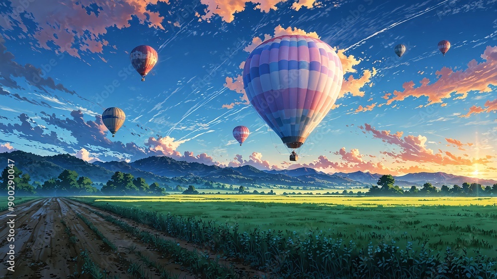Fototapeta premium hot air balloons over fields anime