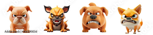 Four Cartoon Angry Dogs with Fierce Expressions and Different Breeds , on transparent background