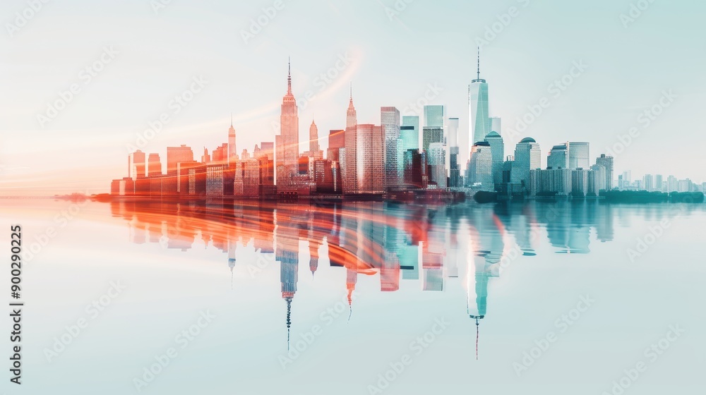 Obraz premium Artistic double exposure of city skylines and iconic landmarks, emphasizing the grandeur and innovation of urban landscapes, high-quality resolution, dynamic contrasts, immersive and visually stunning