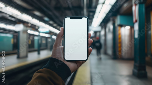 Wallpaper Mural Hand Holding Blank Screen Mockup Phone With Green Train And Platform In Subway Station Torontodigital.ca