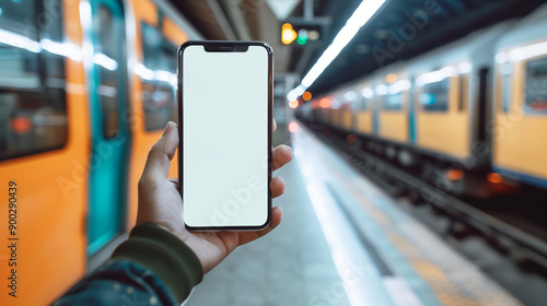 Wallpaper Mural Hand Holding Blank Screen Mockup Phone With Yellow Train At Subway Platform In Station Torontodigital.ca