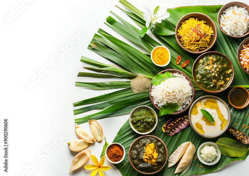 Traditional food Onam sadhya served on banana green leaf, south indian vegeterian meal arranged in traditional way. Onam Sadya vegetarian meal with rice and curries, kerala food, Kerala, india.  photo