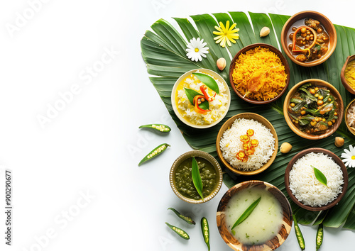 Traditional food Onam sadhya served on banana green leaf, south indian vegeterian meal arranged in traditional way. Onam Sadya vegetarian meal with rice and curries, kerala food, Kerala, india. 