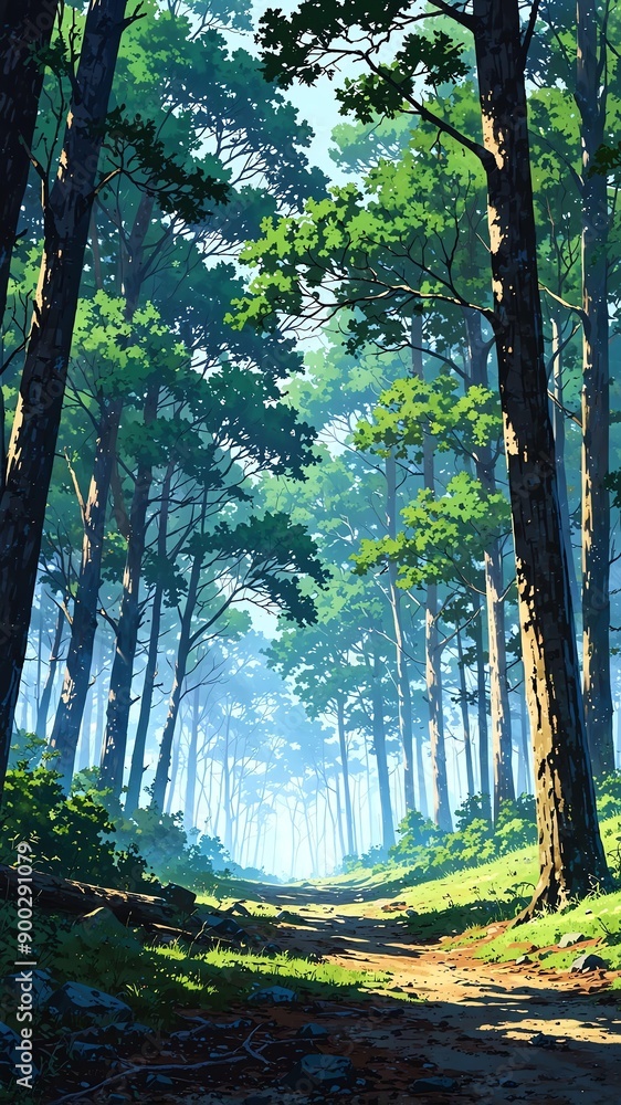Fototapeta premium misty pine forest anime