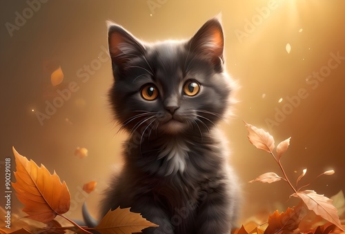 cute cat on a background of autumn bright orange leaves © Peredniankina