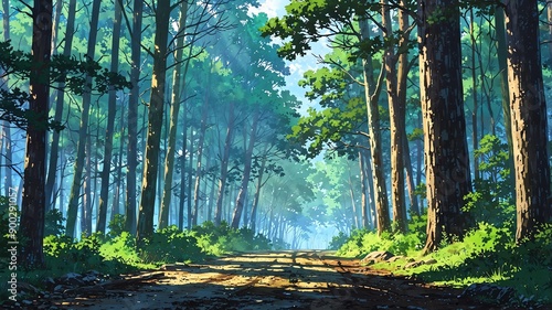 misty pine forest anime