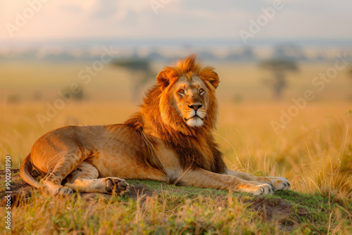 A majestic lion rests in a field of tall grass bathed in the golden glow of the setting sun