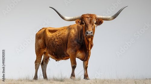 A longhorn with horns standing in a field.