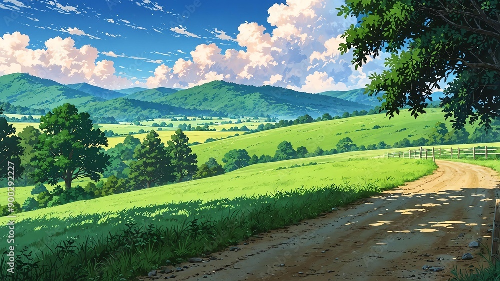 Naklejka premium rural countryside with rolling hills anime