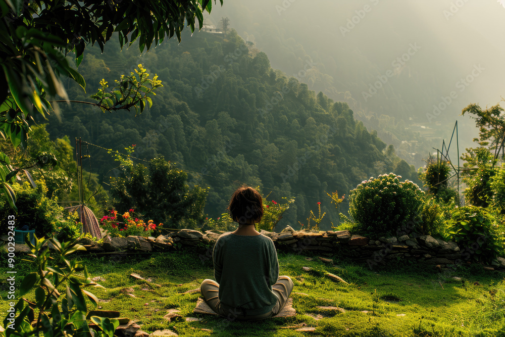Person connecting with nature in peaceful Himalayan yard Person connecting with nature in peaceful Himalayan yard