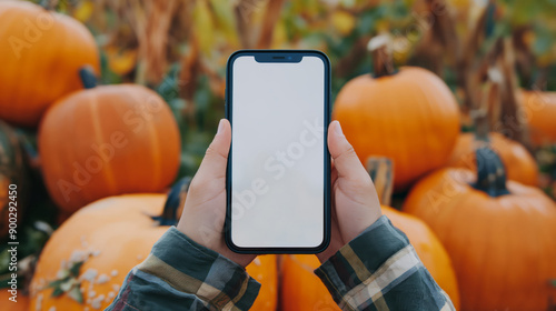 Hands Holding Blank Screen Phone With Orange Pumpkins In Patch