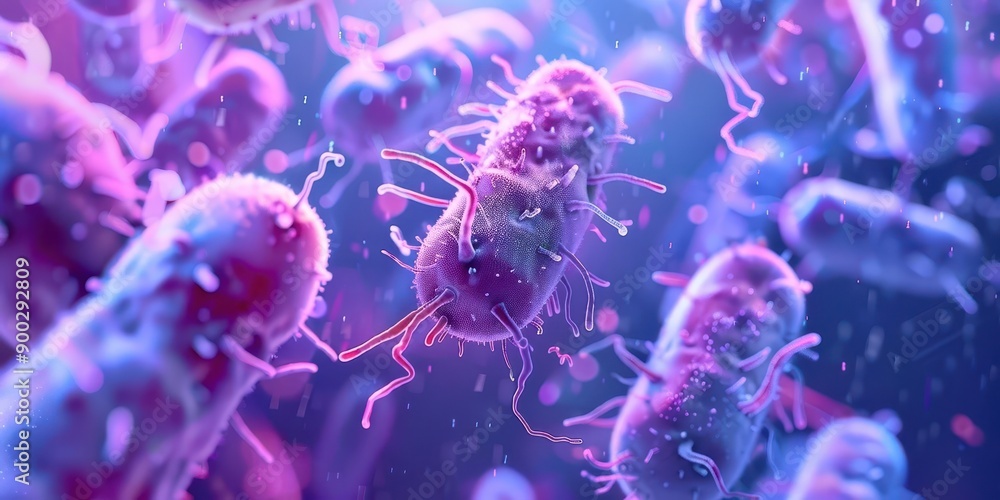 Obraz premium Close-up view of colorful bacteria under microscope, showcasing intricate details and vibrant colors in a microenvironment.