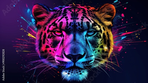 Vibrant Digital Art of a Leopard with Neon Colors and Abstract Paint Splashes on Dark Background