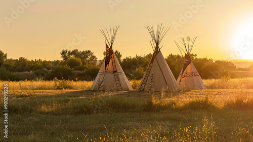 three traditional tipis house representing the rich cultural history of Oklahoma's indigenous peoples, and scenery with copy space. photo